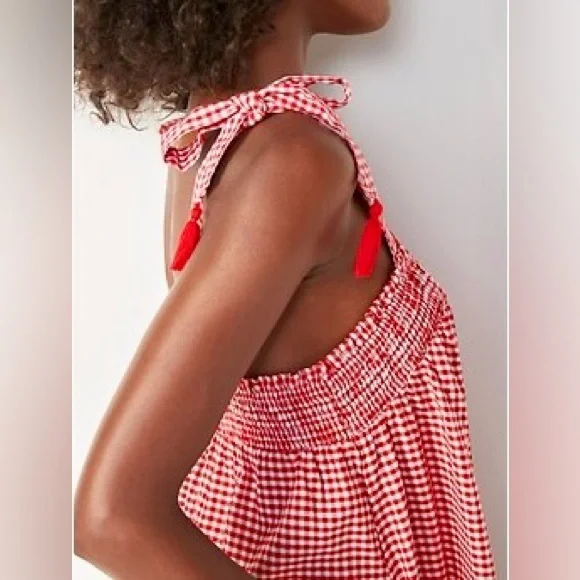 OLD NAVY Smocked Embroidered Tiered Red White Gingham Plaid Mini Dress w Pockets - Picture 2 of 14